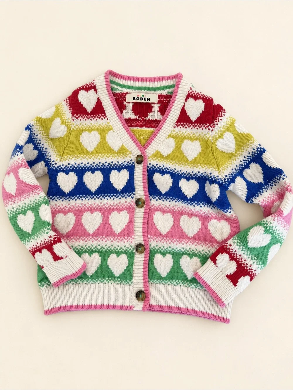 Mini Boden Kids Flora Fun V-Neck Cardigan Rainbow Hearts Knit Sweater Size 5-6Y